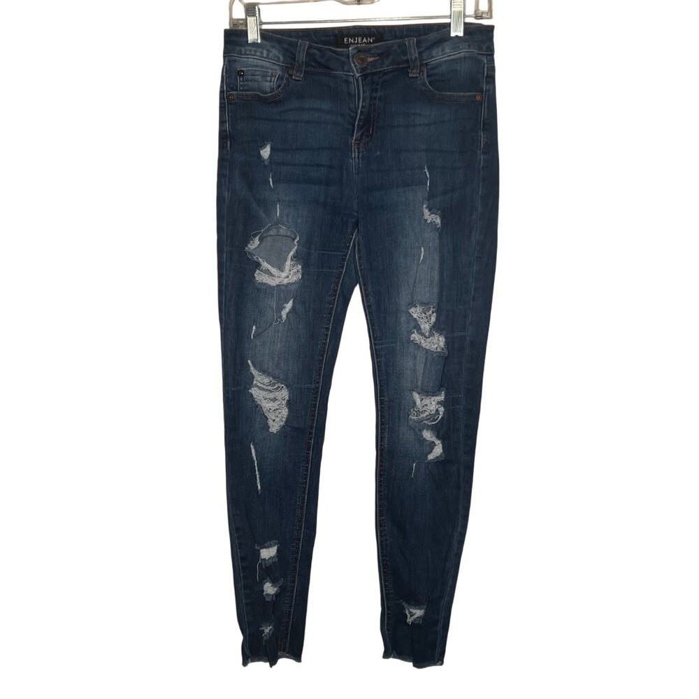Enjean Women Size 7/28 High Rise Destructed Skinny Jeans Dark Wash Comfort
